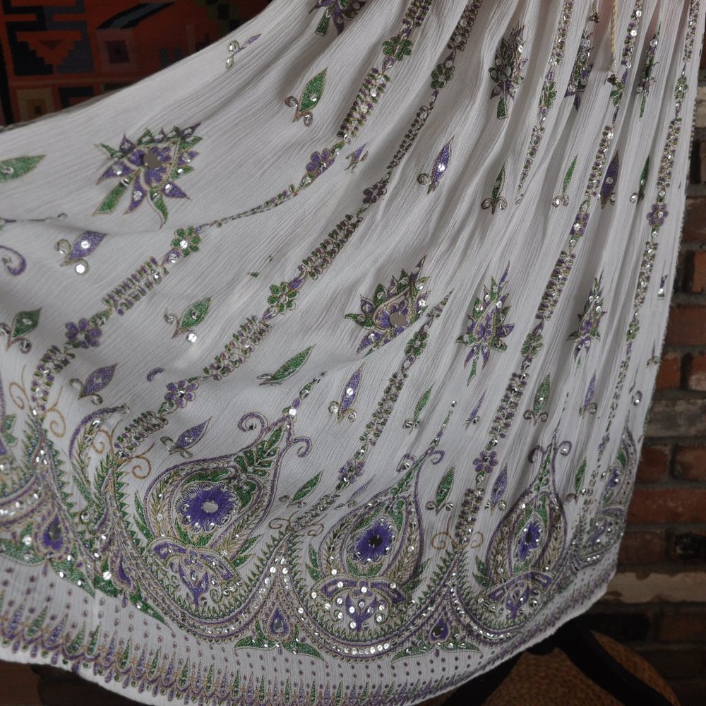 Boho Hippie Maxi Crinkle Broomstick, Multi-color Floral. White Silver Sequin O/S
